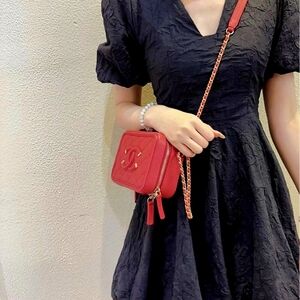 Like New! Authenticated CHANEL Small CC Filigree Vanity Case Red Caviar Leather